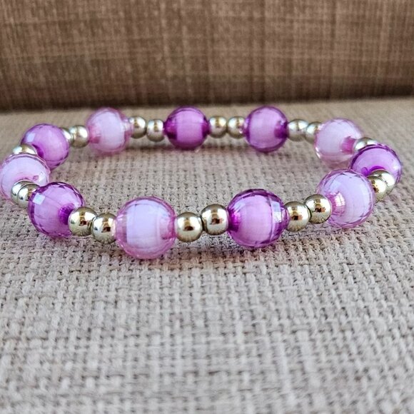 Girl Bracelet Set of 2 Purple and Gold Tone stretched Wrist Band Fashion Jewelry - Picture 2 of 11